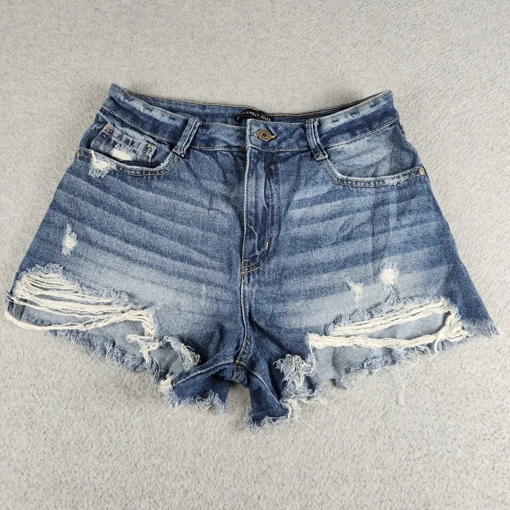 Sincerely Jules Cut-Off Shorts Women 9/29 Blue Denim Whiskered Cotton Distressed